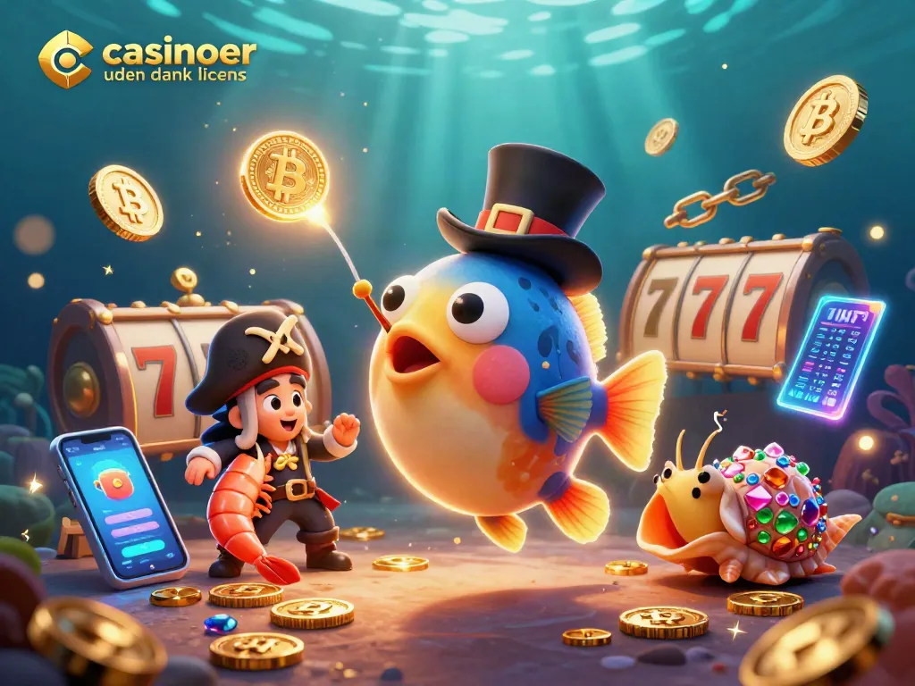 Engage with casinoer uden dansk licens in a whimsical scene featuring an anglerfish and treasure amid neon coins.