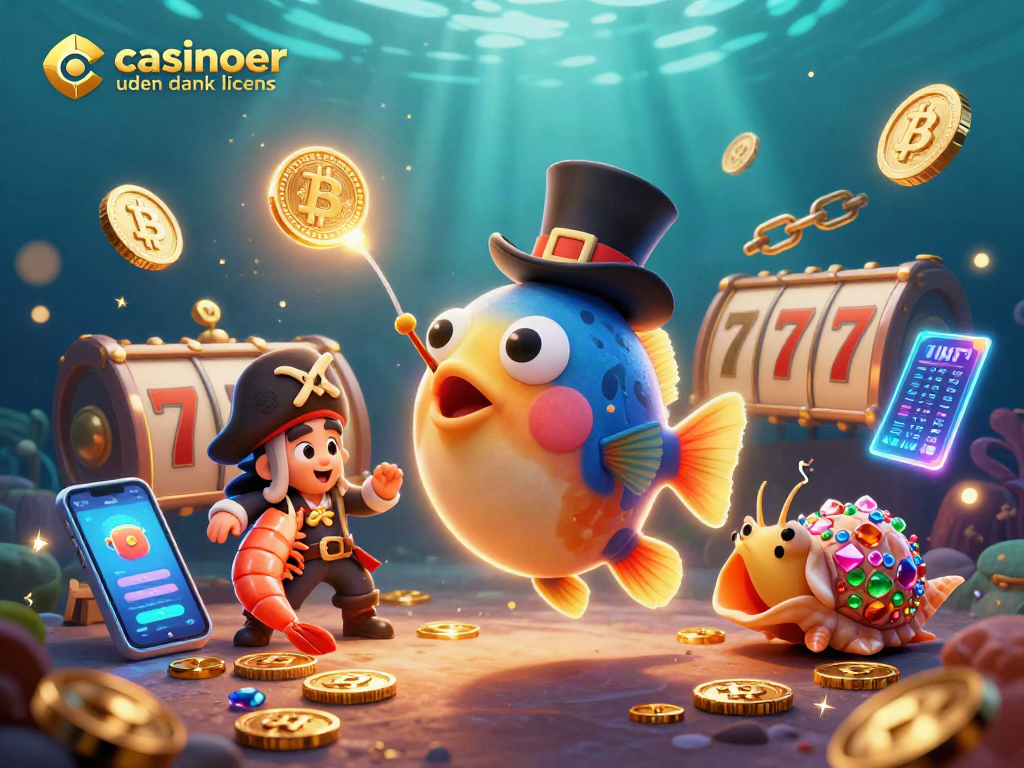 Engage with casinoer uden dansk licens in a whimsical scene featuring an anglerfish and treasure amid neon coins.