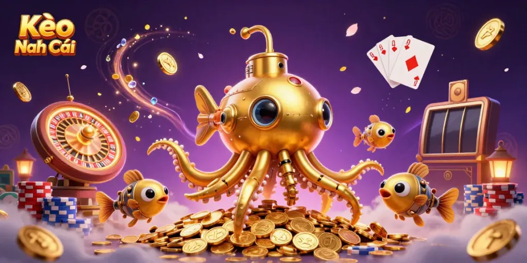 Kèo Nhà Cái reveals excitement with a golden kraken submarine surrounded by coins and cards in a dynamic casino scene.