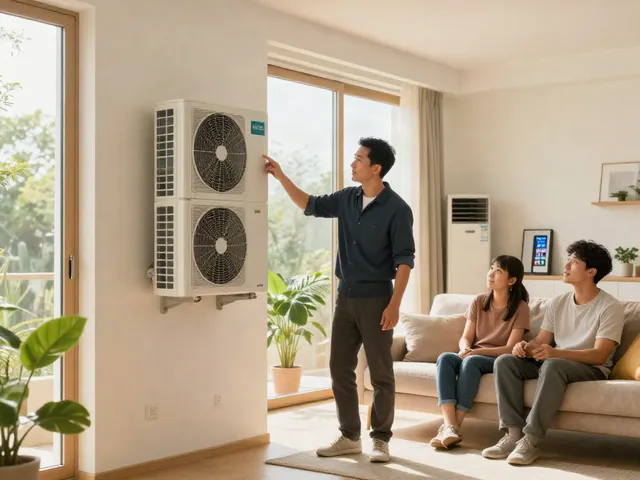 Wärmepumpen Installation in modern Wohnumgebung mit Techniker und Familie in gemütlicher Atmosphäre.