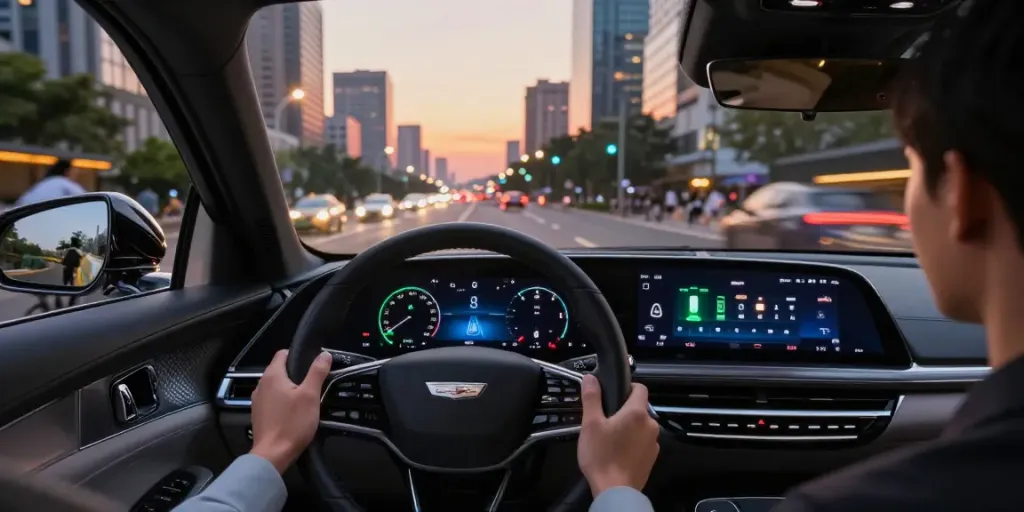 Do the Driving Modes in the Cadillac Lyriq Offer Different Ranges or Battery Usages? View of Cadillac Lyriq switching driving modes on urban road.