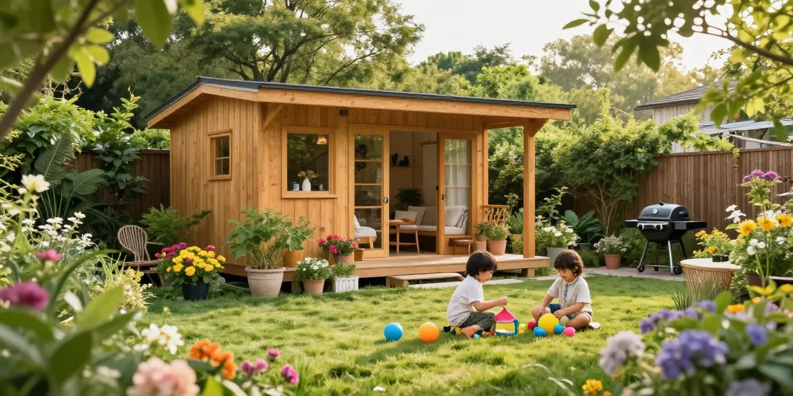 Gartenhaus Holz mit blühendem Garten und Familienaktivitäten im Freien.