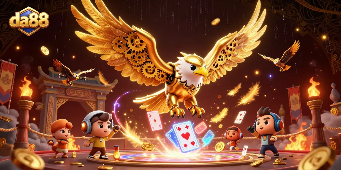 Bet on da88 casino's thrilling adventure featuring a cybernetic eagle amidst holographic cards.