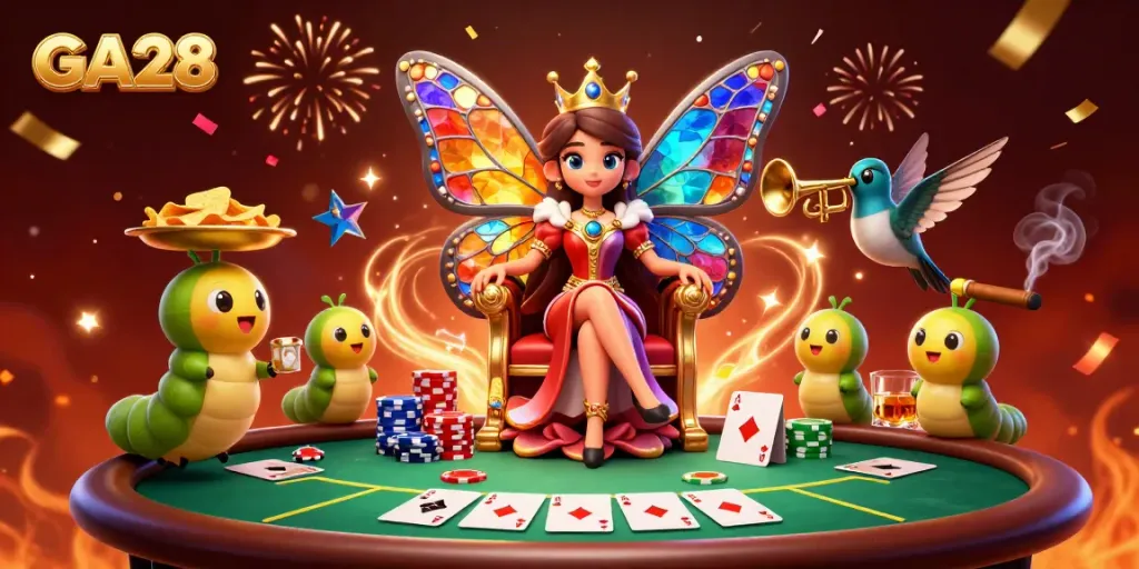 Experience the excitement of GA28's vibrant casino atmosphere featuring a butterfly queen and poker elements.