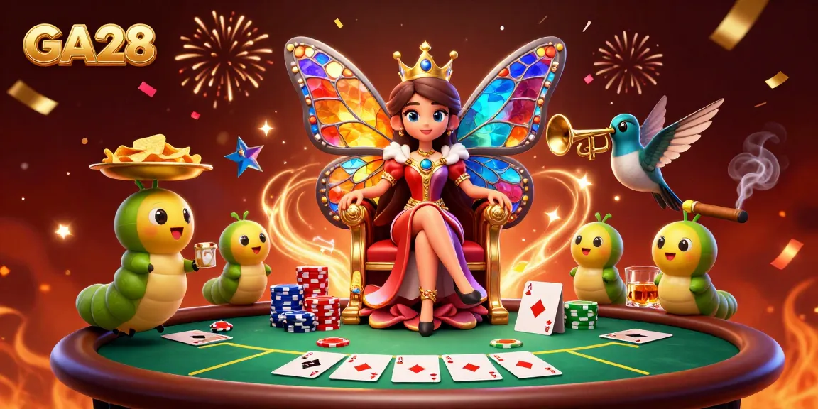 Experience the excitement of GA28's vibrant casino atmosphere featuring a butterfly queen and poker elements.