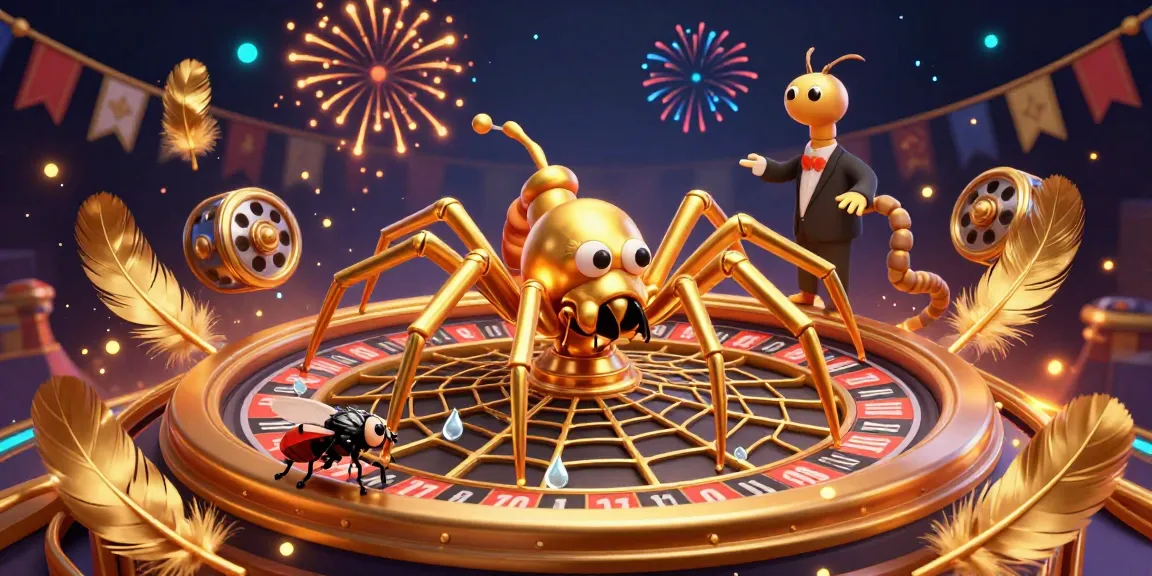 Engage with australia pokies online as a golden spider spins a roulette web while a fly places bets.