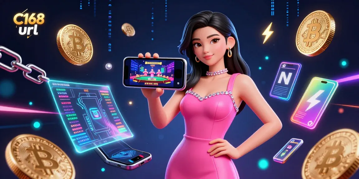 Engage with C168 url casino gameplay featuring a confident woman showcasing live dealer games amidst vibrant neon crypto elements.