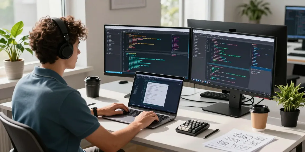 Build internal tools with AI in a modern workspace with screens and tech elements.