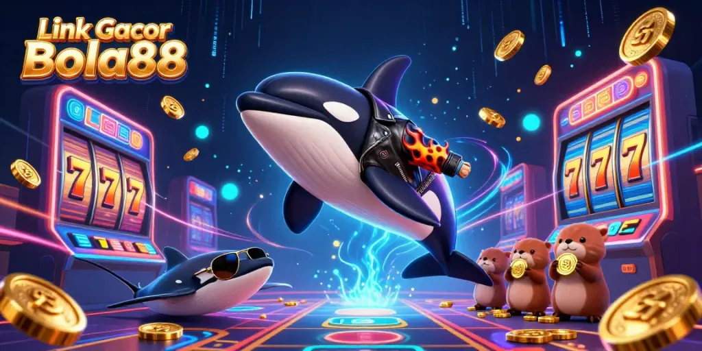 Experience the thrill of gambling with Link Gacor Bola88, featuring 3D characters, vibrant colors, and casino elements.