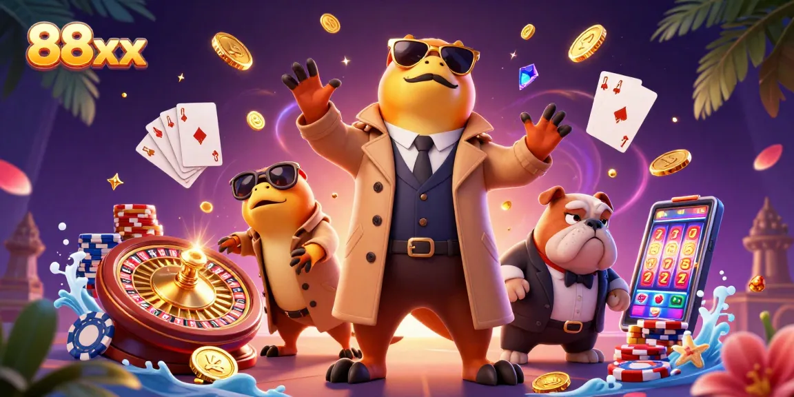 Experience thrilling 88xx gaming in a vibrant casino scene with raptors and golden winnings.