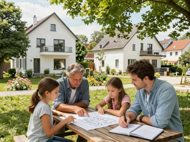 Hausbau Wien - Familie plant den Bau ihres Traumhauses in einem modernen Wohnviertel.