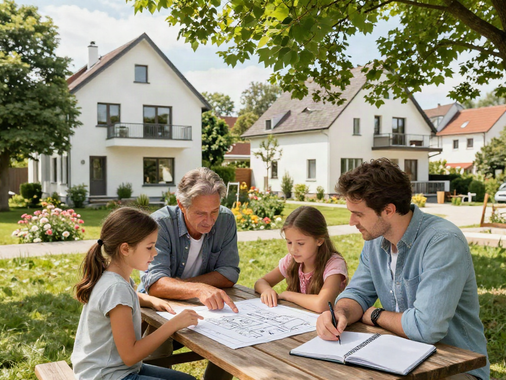 Hausbau Wien - Familie plant den Bau ihres Traumhauses in einem modernen Wohnviertel.