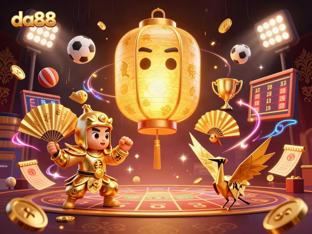 Experience exciting gaming at da88 with vibrant lottery and bingo elements flying through a bustling market scene.