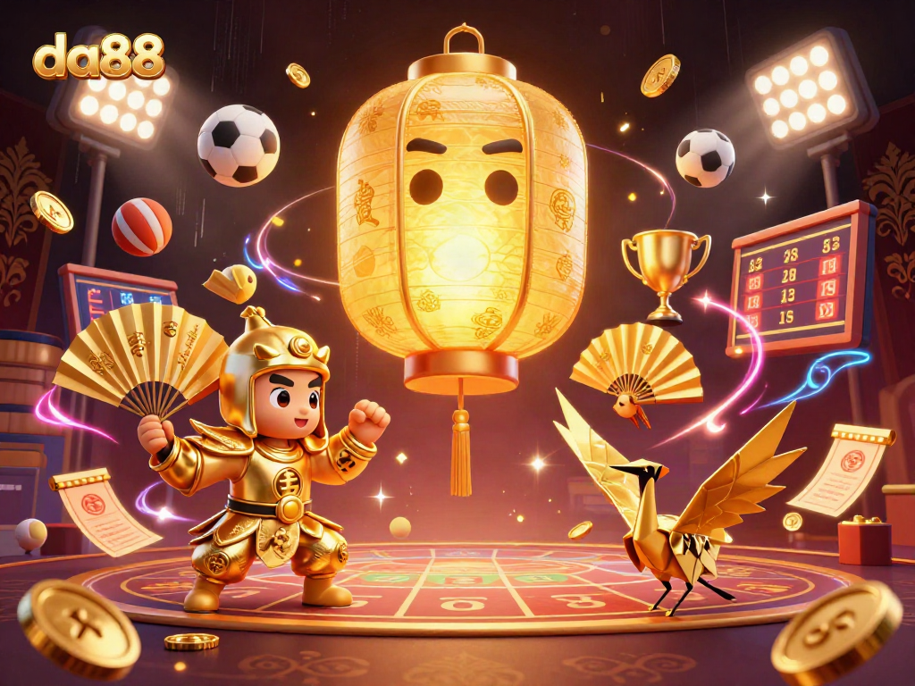 Experience exciting gaming at da88 with vibrant lottery and bingo elements flying through a bustling market scene.