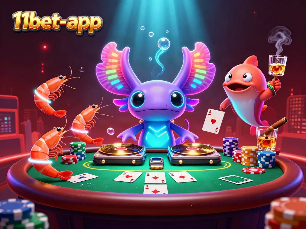 Experience thrilling gaming with 11bet-app, featuring vibrant characters at a lively poker table surrounded by energetic casino elements.