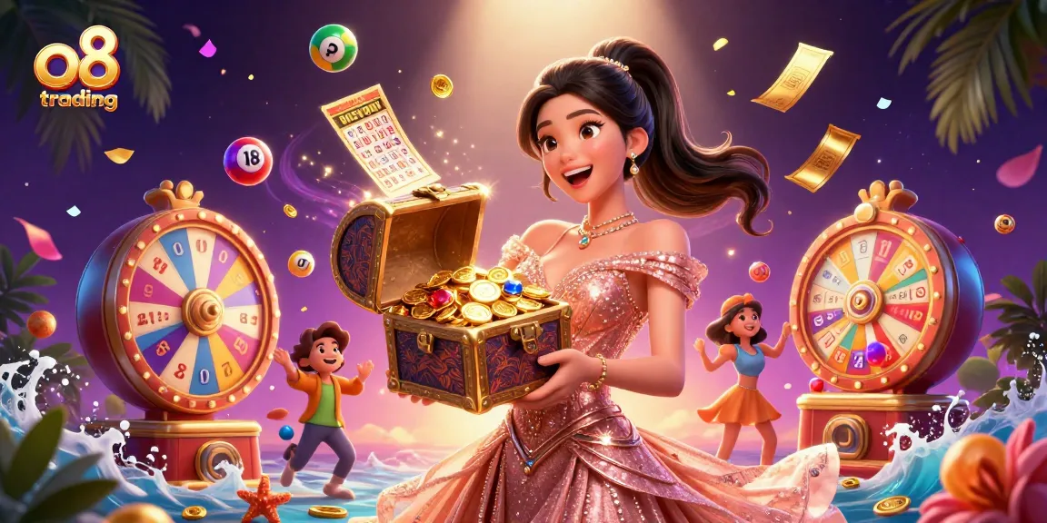 Engage with o8 trading featuring a joyful Asian woman revealing treasures amidst colorful lottery elements.
