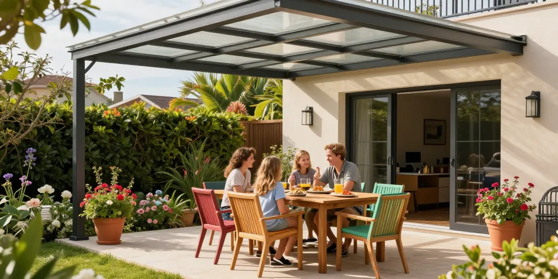 Moderne Terrassenüberdachung mit Familie am Tisch im Garten genießen.