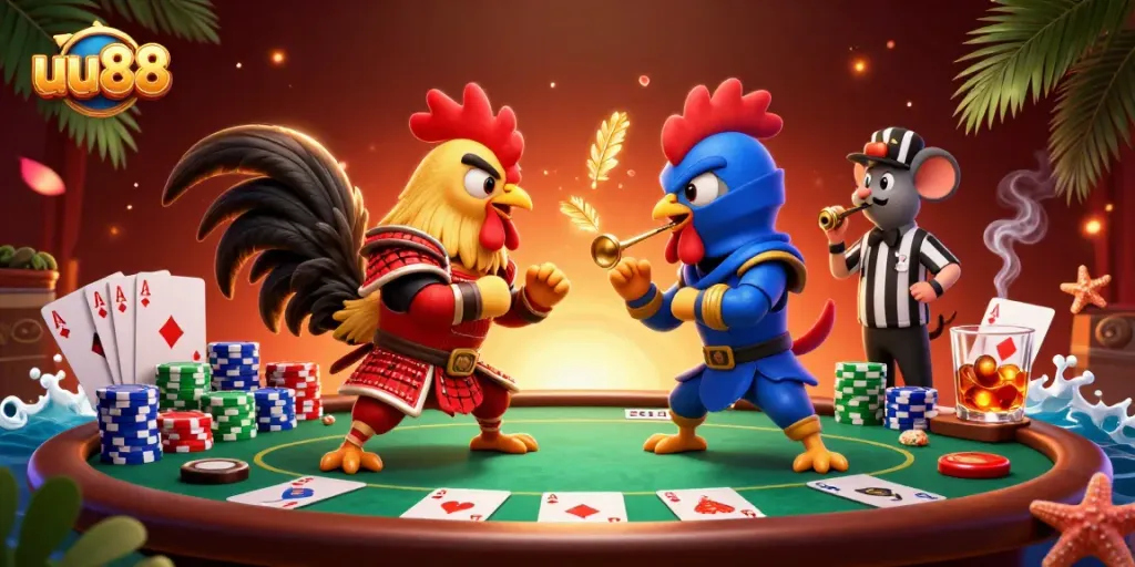 Engage in thrilling casino action with uu88, featuring battling roosters and poker elements.