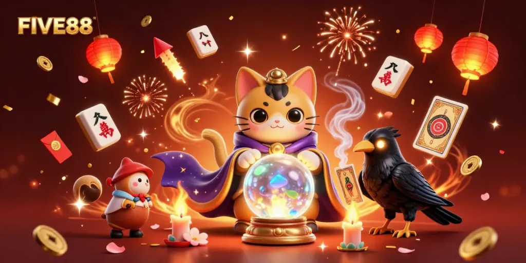 Experience the magic of FIVE88 with a dancing cat, a tarot-card raven, and festive elements in a vibrant casino scene.