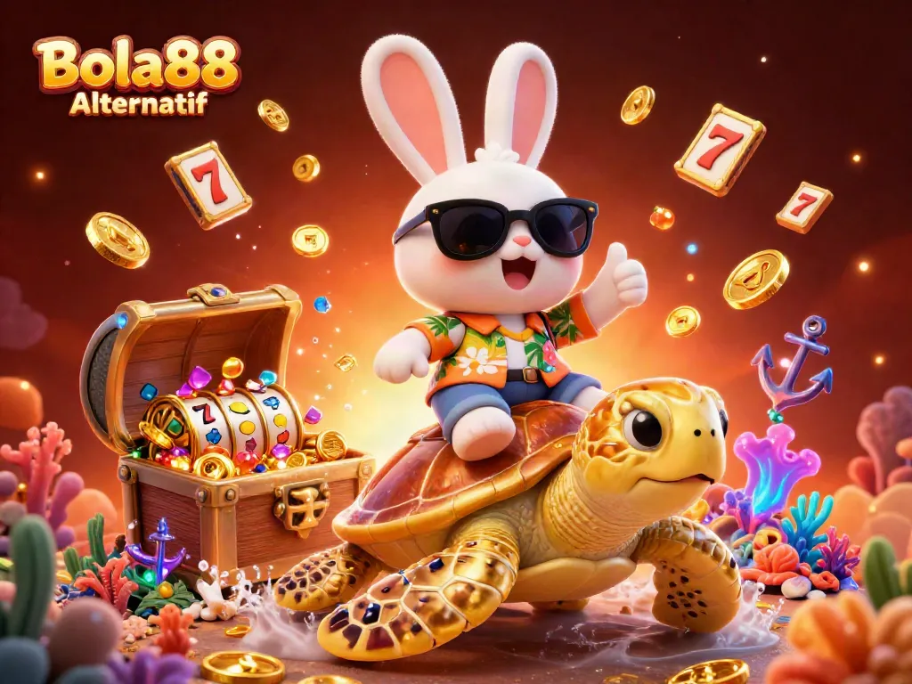 Bola88 Alternatif brings luck as the lucky rabbit rides a turtle amidst treasures and slot machines.