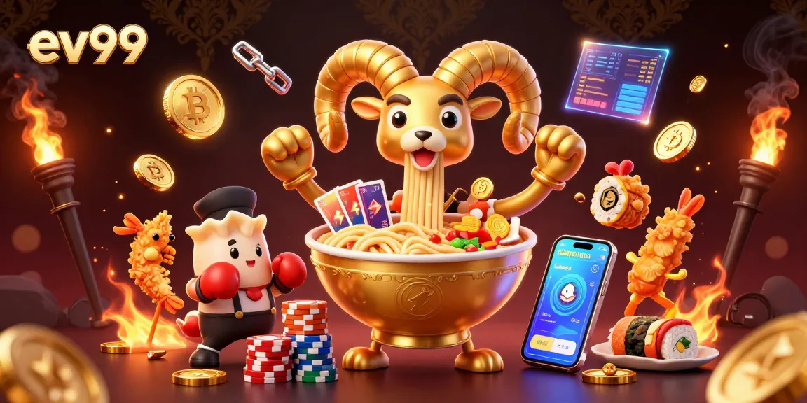 ev99 character scene showcasing a ramen bowl dealer with crypto elements and vibrant colors.