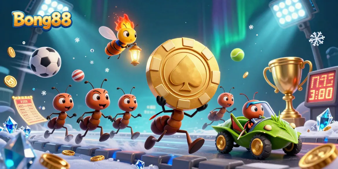 Bong88 showcases thrilling heist action with ants, golden chips, and sports elements in a vibrant casino scene.