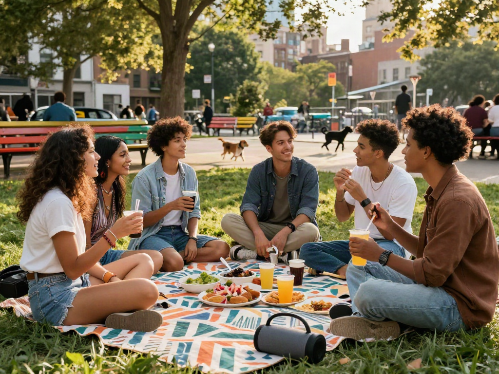 Friends enjoying a picnic in the park, showcasing rokok88 lifestyle and community.