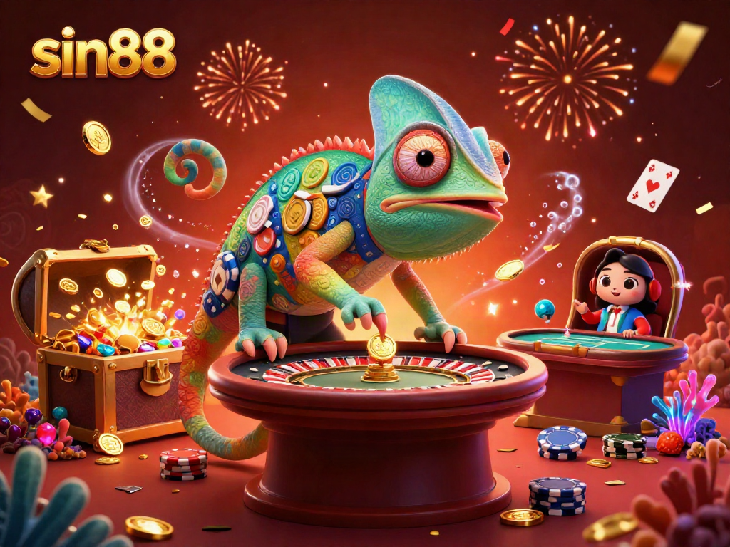 Win big with sin88 at the exciting 3D casino illustrated by a colorful chameleon owner.