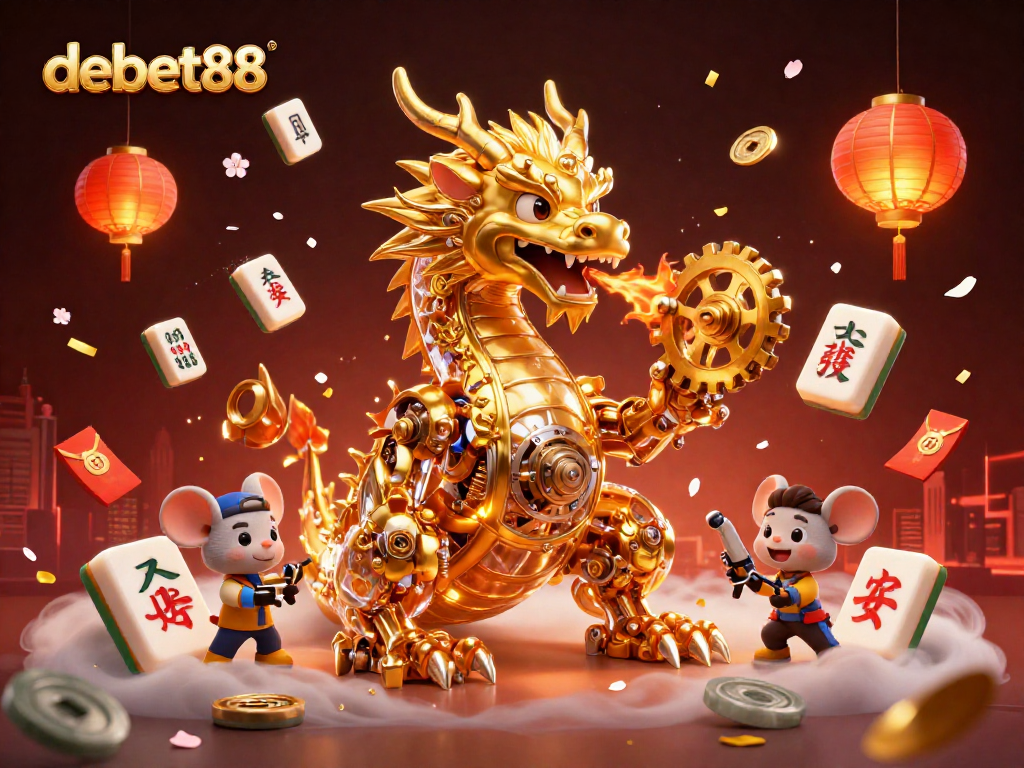 Experience thrill with debet88 as a golden dragon unleashes gears and luck in this vibrant casino scene.