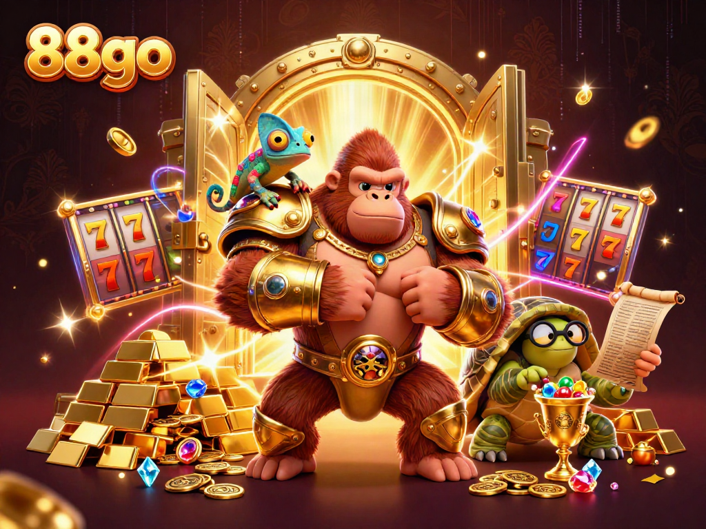 Visualize 88go's exciting gaming experience with a powerful gorilla king and dynamic elements.