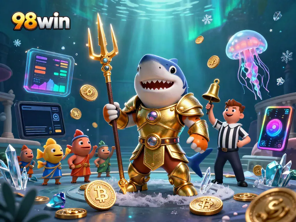 Engage with 98win's thrilling underwater casino adventure featuring a shark and vibrant crypto elements.