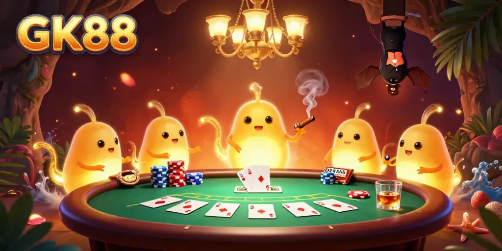 Experience the vibrant GK88 cave casino alive with glowing characters and poker action.