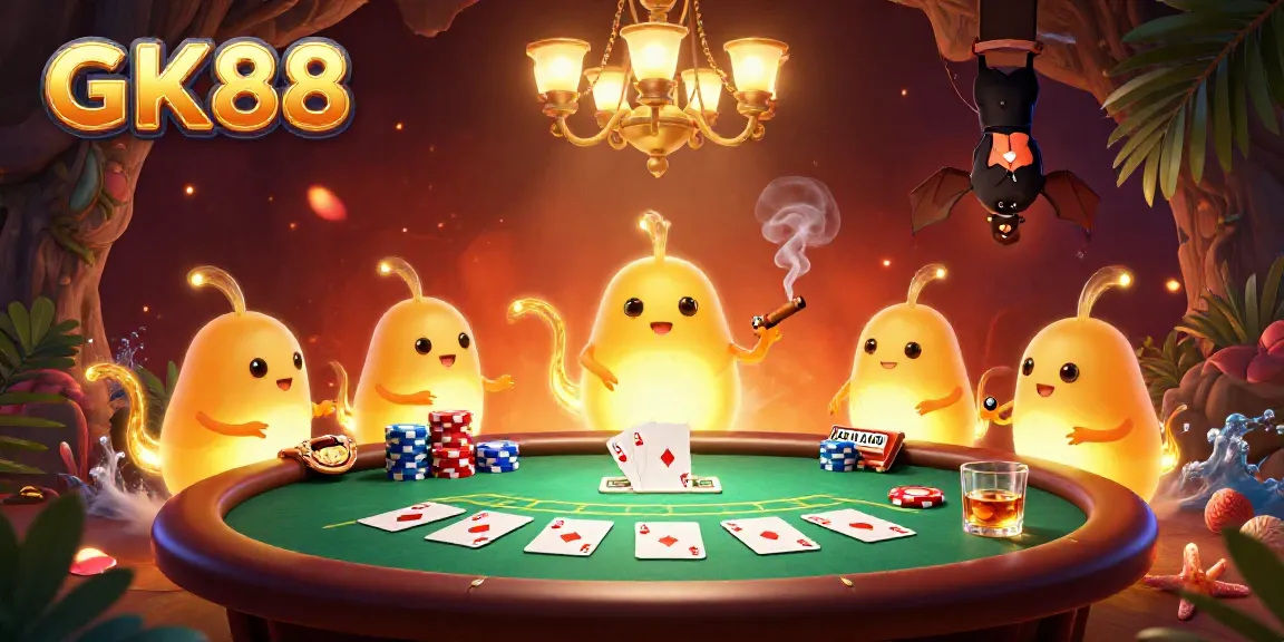 Experience the vibrant GK88 cave casino alive with glowing characters and poker action.