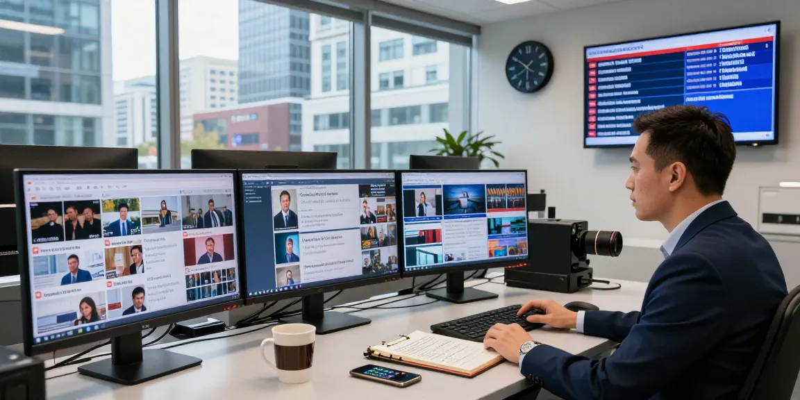 Dynamic newsroom setup showcasing newsbochum reporting with journalist at work, monitors displaying live news and updates.