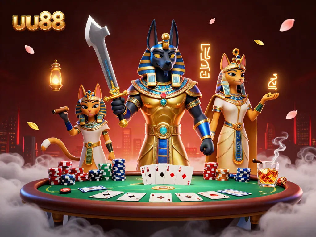 Experience thrilling gameplay with uu88 and ancient Egyptian characters in a vibrant casino atmosphere.