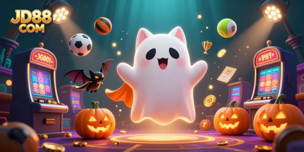 Engage in thrilling action at JD88 COM with our vibrant casino-themed scene featuring unique characters and sports elements.