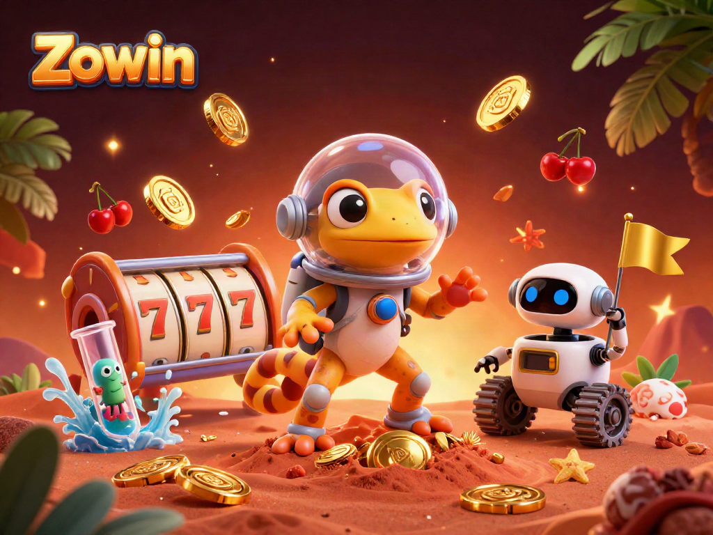 Zowin players spinning luck with golden casino elements and vibrant joyous scenes in 3D