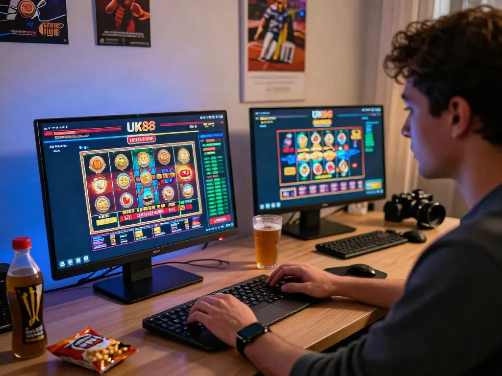 Engaging UK88 gaming experience with user at modern laptop showcasing exciting slot games.