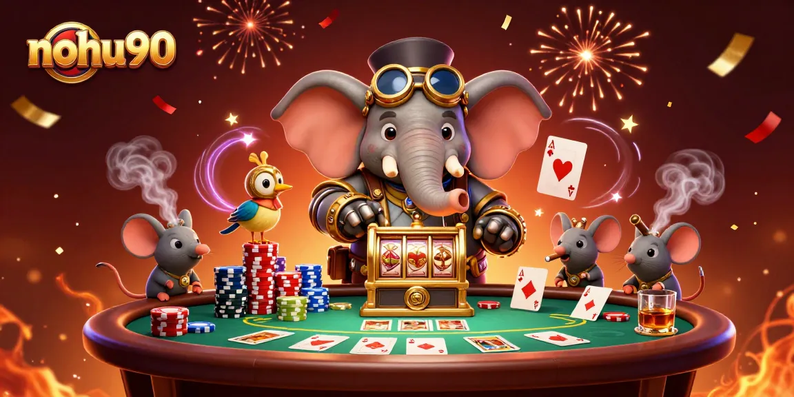 Nohu90 showcases a thrilling casino atmosphere with 3D characters celebrating a jackpot win over poker.