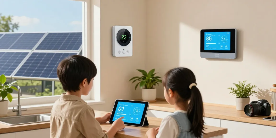 Smart Meter Photovoltaik: Familie analysiert Energiedaten in modernem Küchenumfeld mit Solarpanels im Hintergrund.