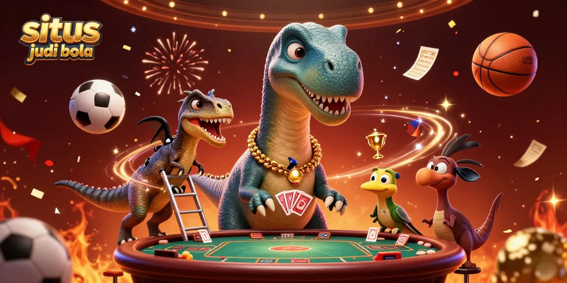 Situs judi bola showcases dynamic sports betting with a brontosaurus and raptor in a festive scene.