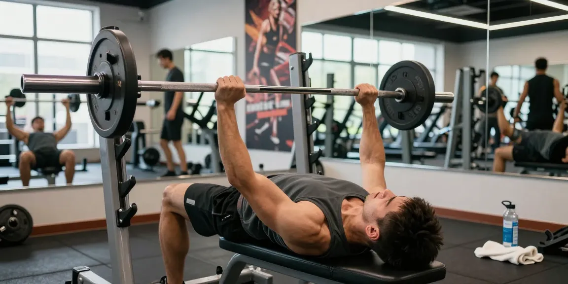 Muscularer Athlet hebt Gewichte und präsentiert Prime Pharma Steroide in einem lebhaften Fitnessstudio.