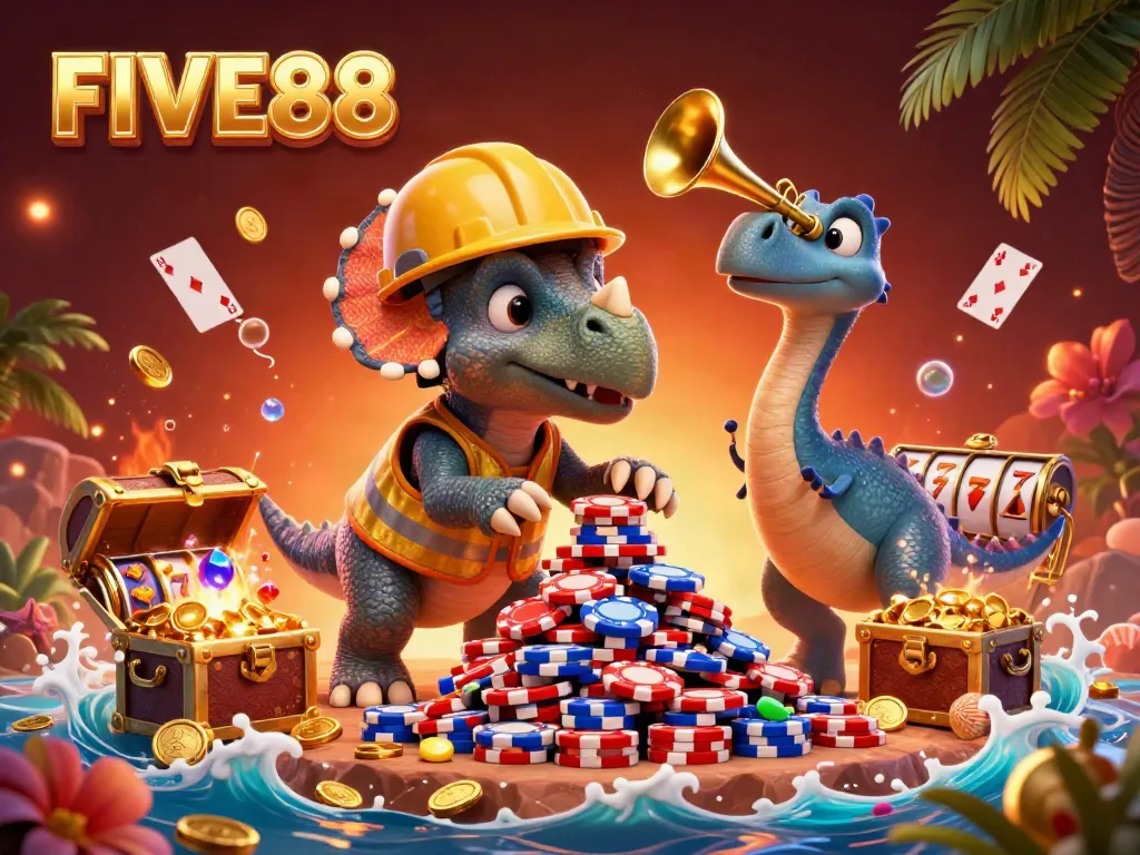 Engaging scene of FIVE88 with characters celebrating poker wins amidst a vibrant casino atmosphere.