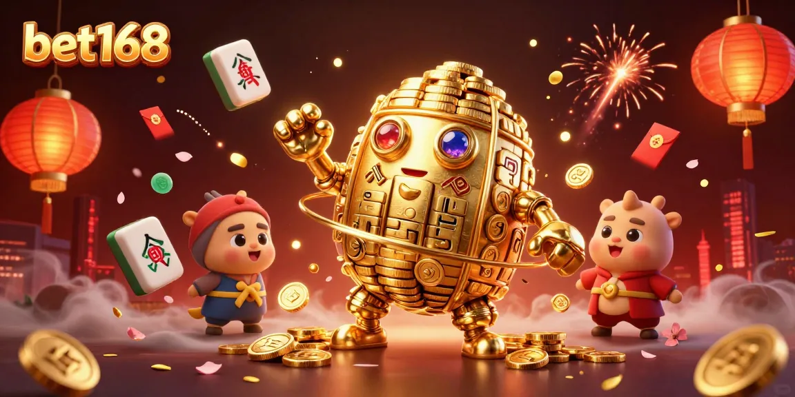 Immerse in the vibrant world of bet168 with a golden golem, festive symbols, and dynamic gaming elements.
