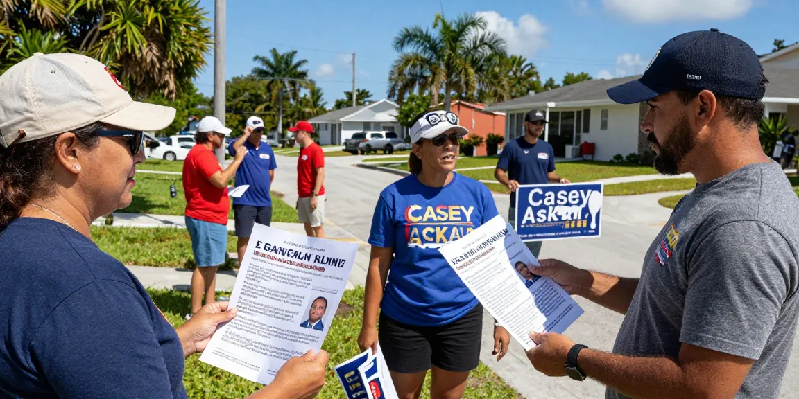 Casey Askar's campaign scene showing local volunteers discussing controversy in Florida.