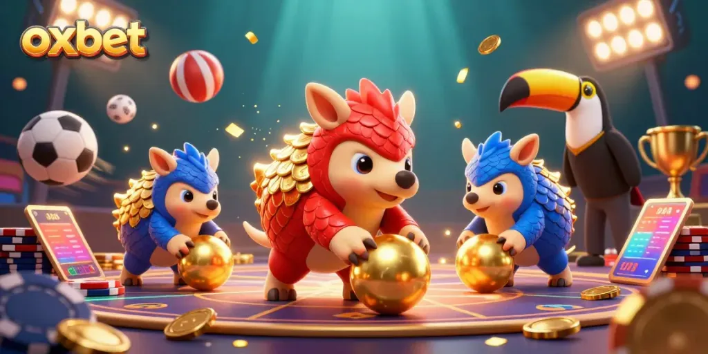 Engage with thrilling games at OXBET: Vibrant pangolins bowling through poker chips in dynamic casino scene.