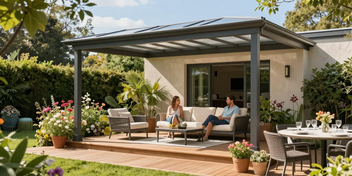 Moderne freistehende Terrassenüberdachung im Garten mit stilvollen Möbeln und blühenden Pflanzen.