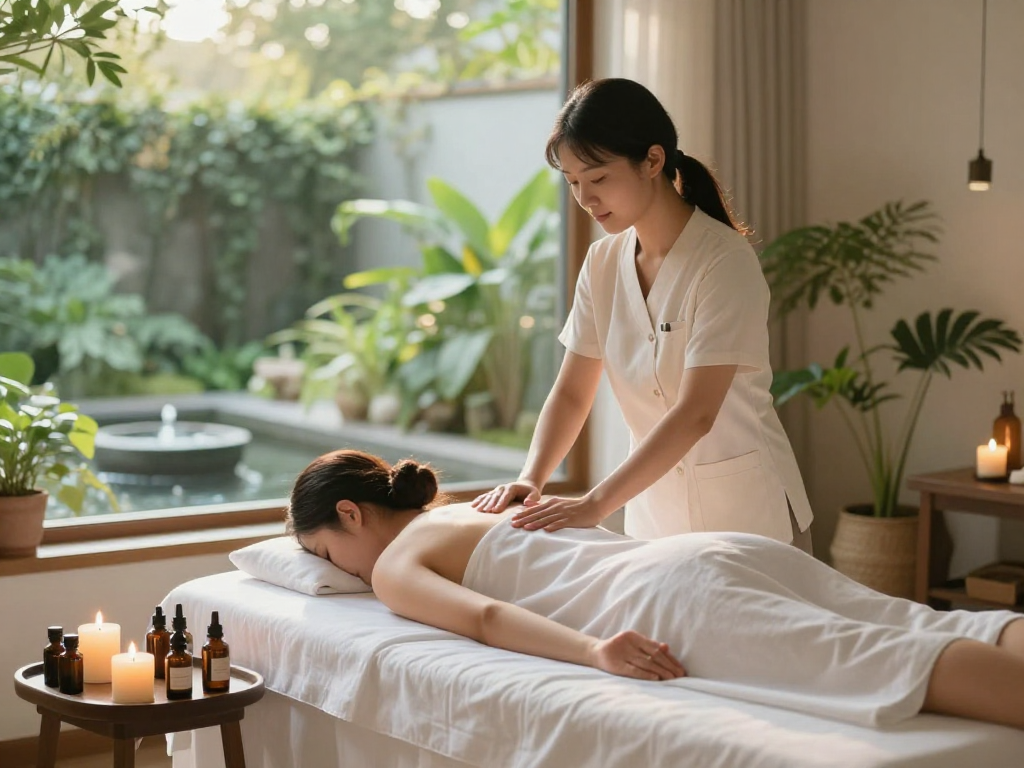 Relaxing 안산출장안마 therapy with a massage therapist in a serene spa setting.