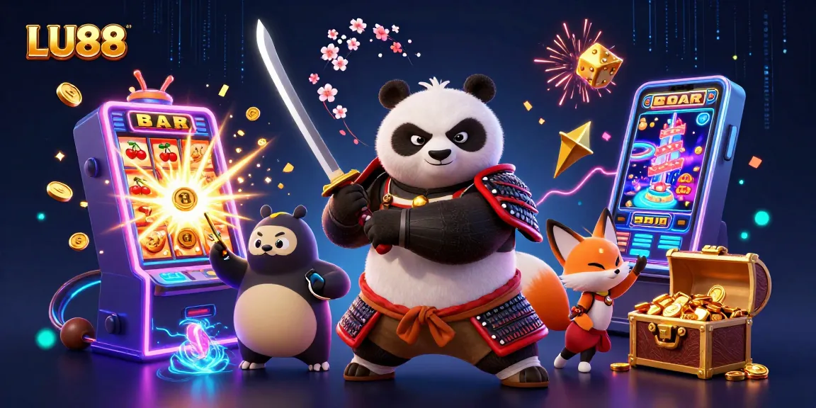 LU88 samurai panda and ninja fox celebrating a jackpot win with vibrant casino elements.