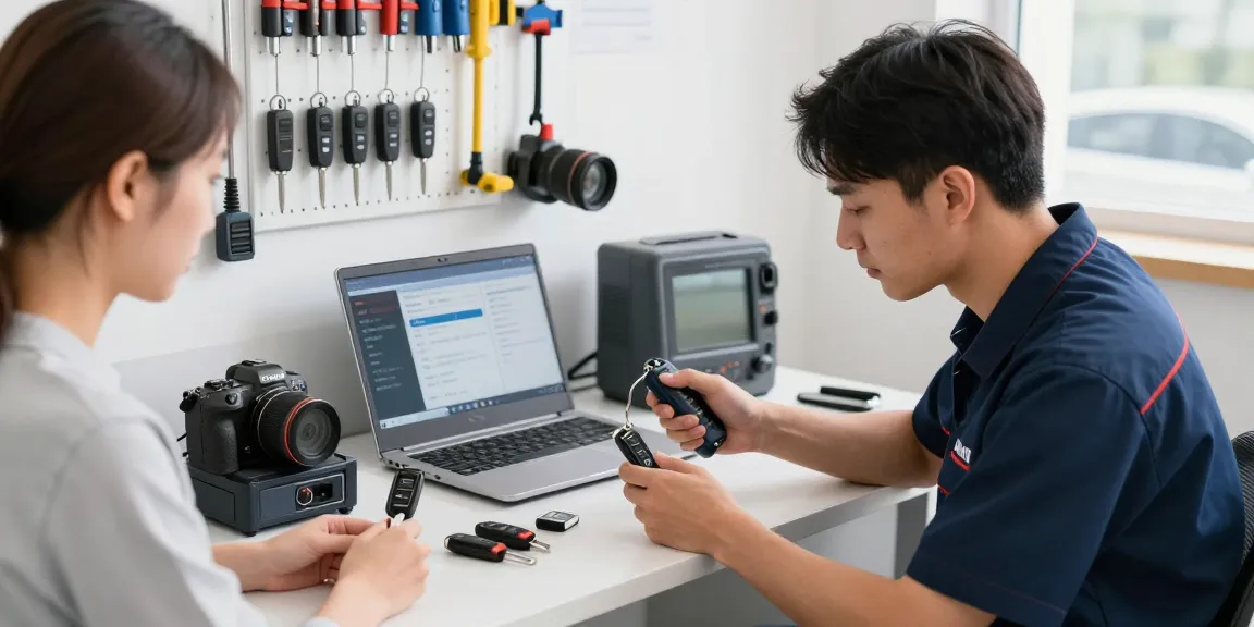 Experte für Autoschlüssel programmiert neuen Schlüssel in einer gut ausgestatteten Werkstatt.